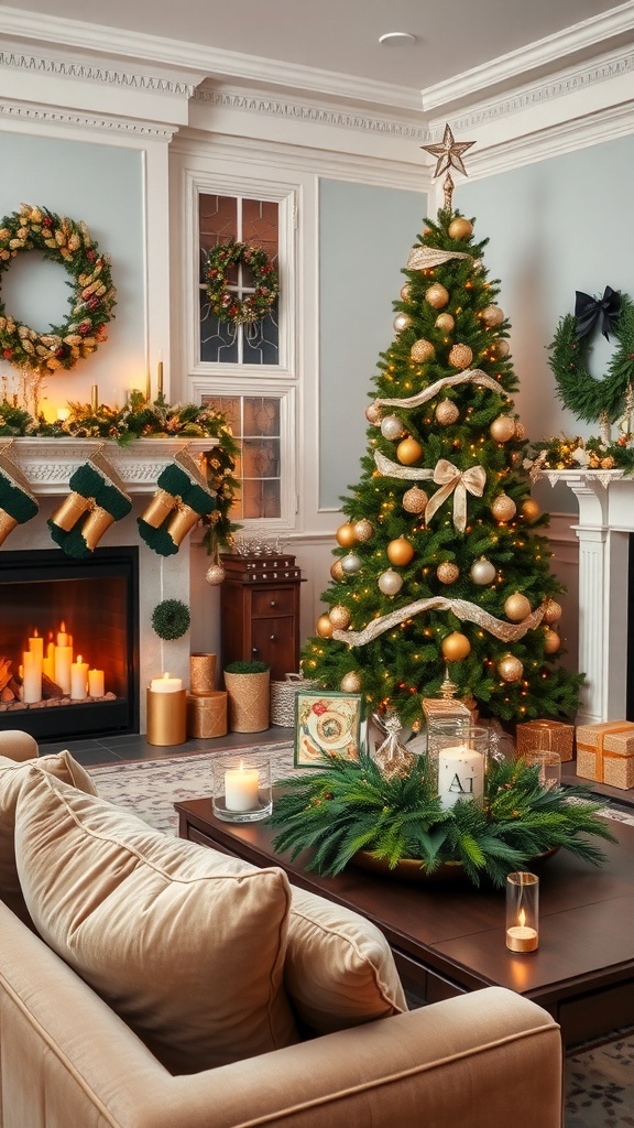 Elegant Christmas living room with a decorated tree, cozy fireplace, and stylish decor.